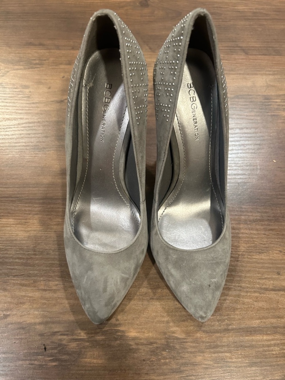 BCBGeneration Gray Suede Pointed-Toe Pumps with Stud Accents